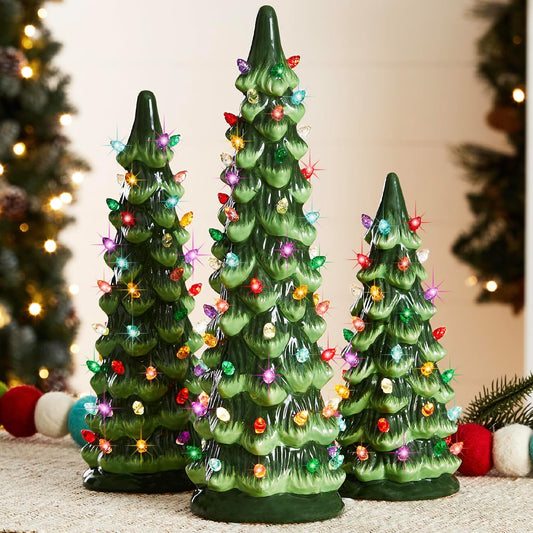 Best Choice Products Set of 3 Ceramic Christmas Trees, Pre-Lit Hand-Painted Tabletop Holiday Decoration w/Multicolor Bulbs, LED Lights – Green