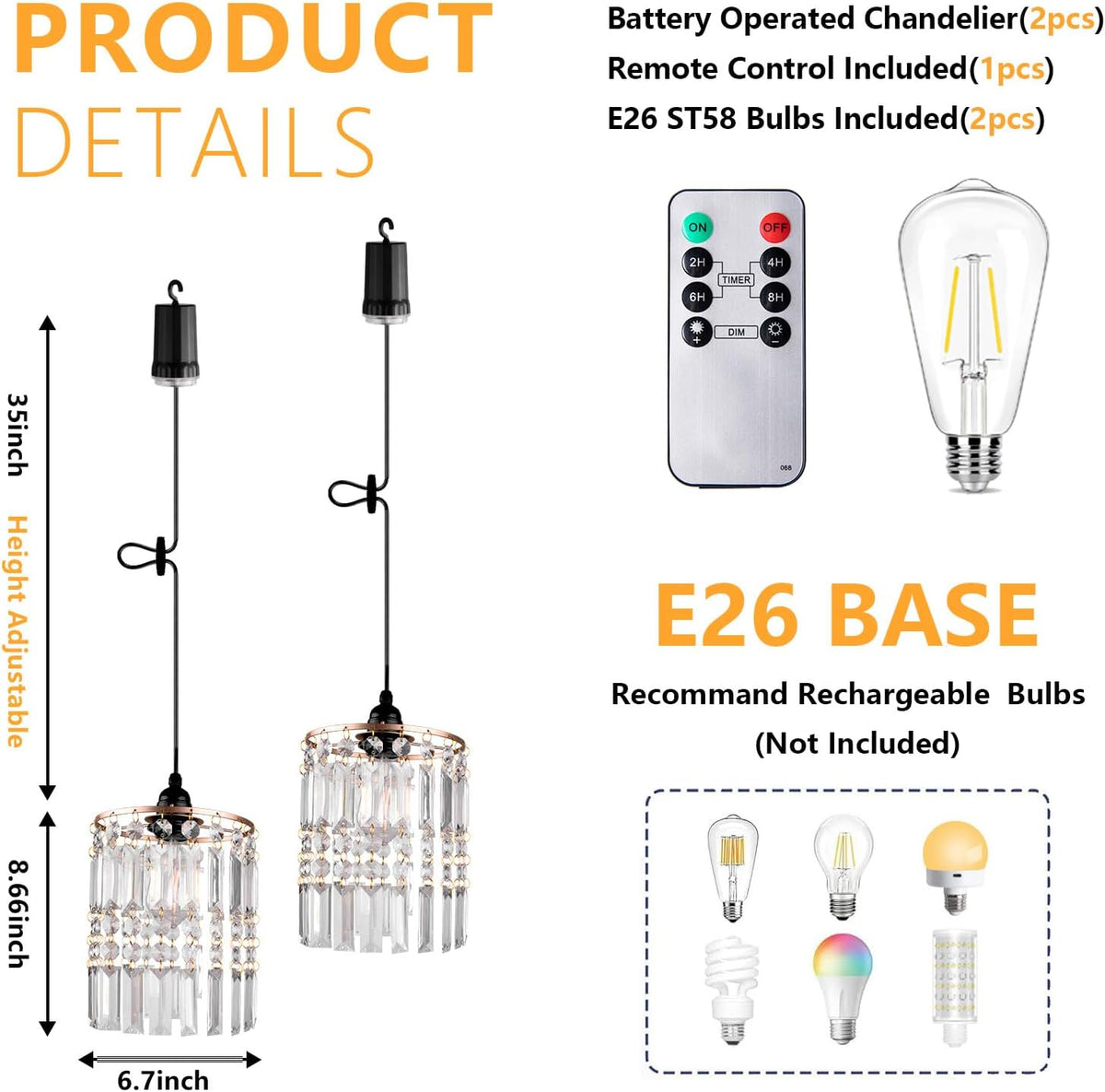 Battery Operated Chandelier, 2Pack Hanging Gazebo Lights, Acrylic Crystal Beaded Pendant Lights Outdoor Waterproof for Patio Tree Pergola Porch and Indoor Decor (2)