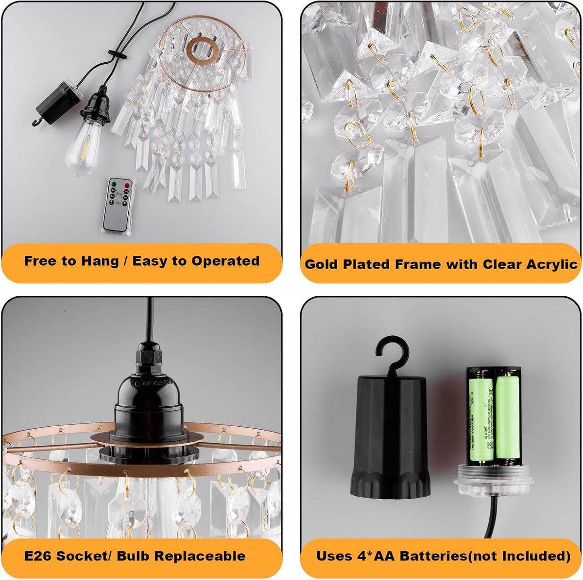 Battery Operated Chandelier, 2Pack Hanging Gazebo Lights, Acrylic Crystal Beaded Pendant Lights Outdoor Waterproof for Patio Tree Pergola Porch and Indoor Decor (2)