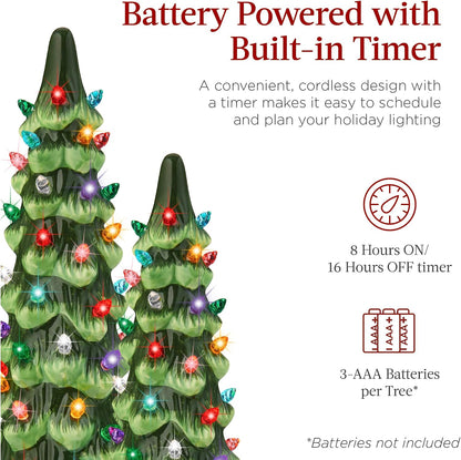 Best Choice Products Set of 3 Ceramic Christmas Trees, Pre-Lit Hand-Painted Tabletop Holiday Decoration w/Multicolor Bulbs, LED Lights – Green