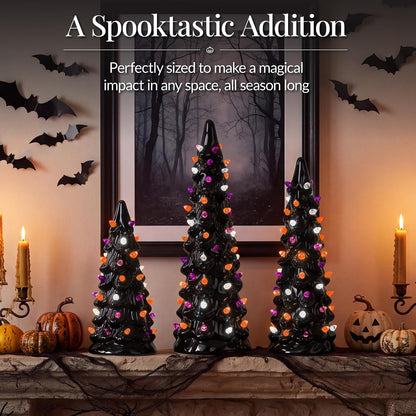 Best Choice Products Set of 3 Ceramic Christmas Trees, Pre-Lit Hand-Painted Tabletop Holiday Decoration w/Multicolor Bulbs, LED Lights – Green