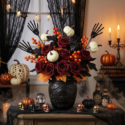 Halloween decorative skeleton hands and pumpkin-face artificial flowers